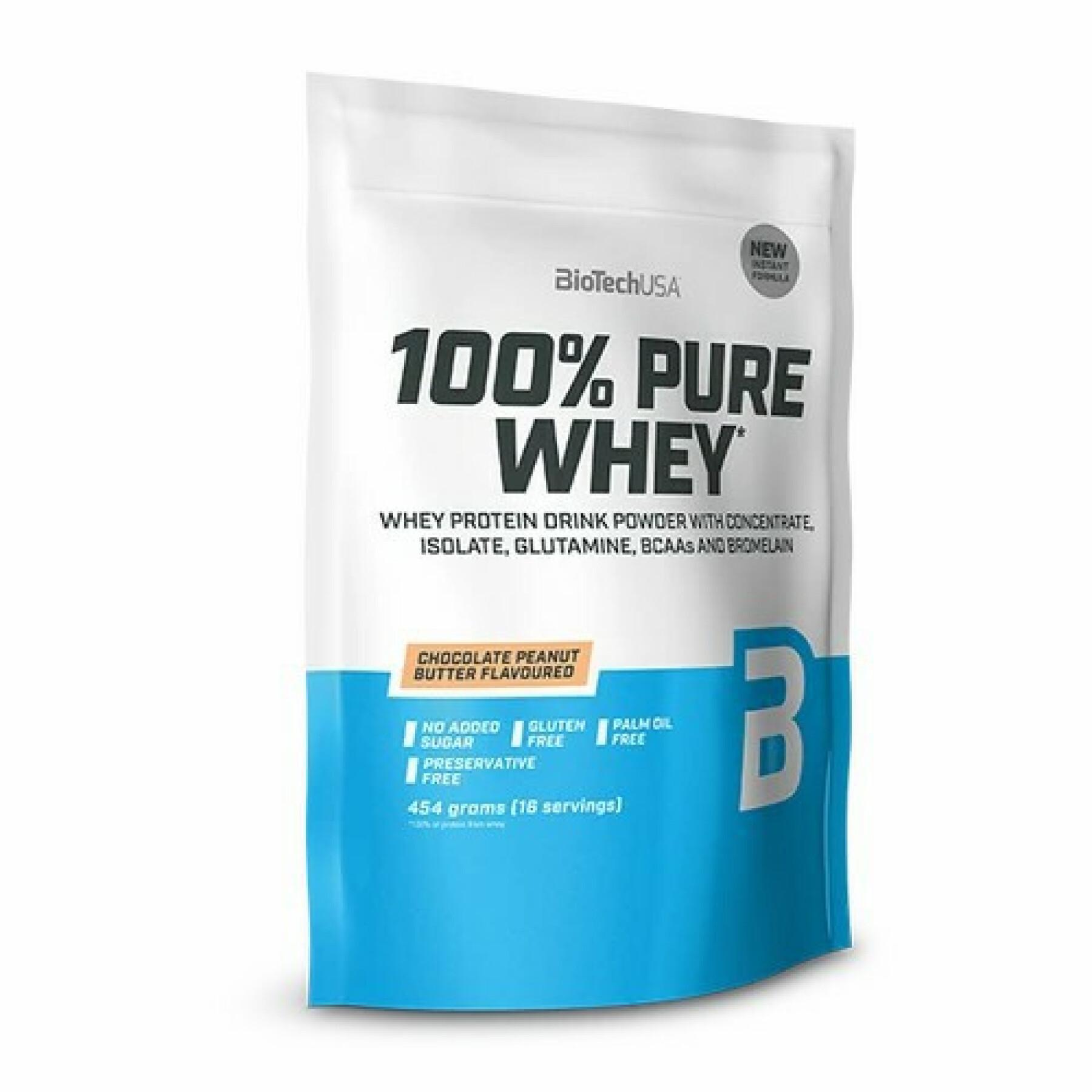 Paquete de 10 bolsas de proteína de suero 100% pura Biotech USA - Chocolat-beurre de noise - 454g