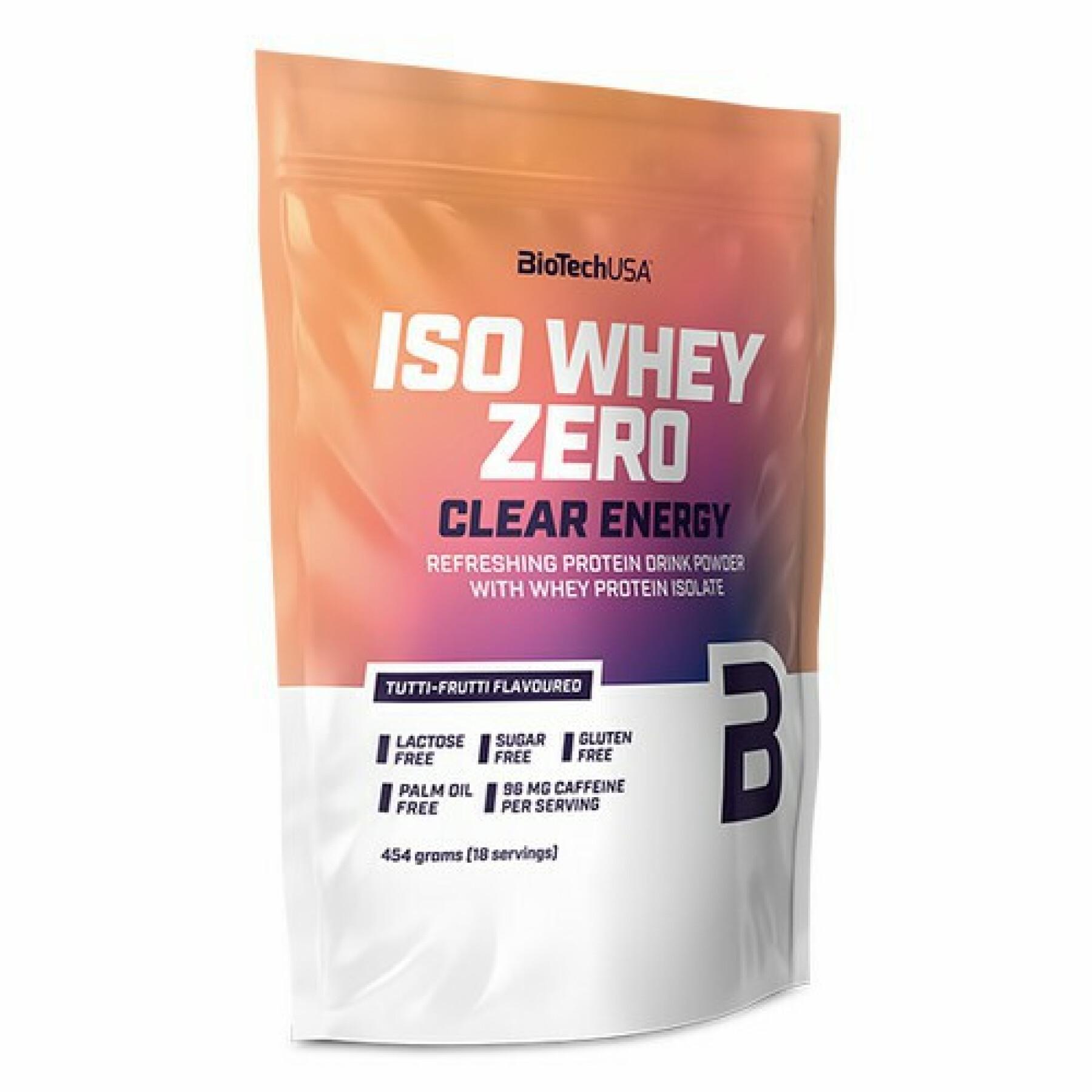 Paquete de 10 bolsas de proteínas Biotech USA iso whey zero clear energy - Tutti-frutti - 454g